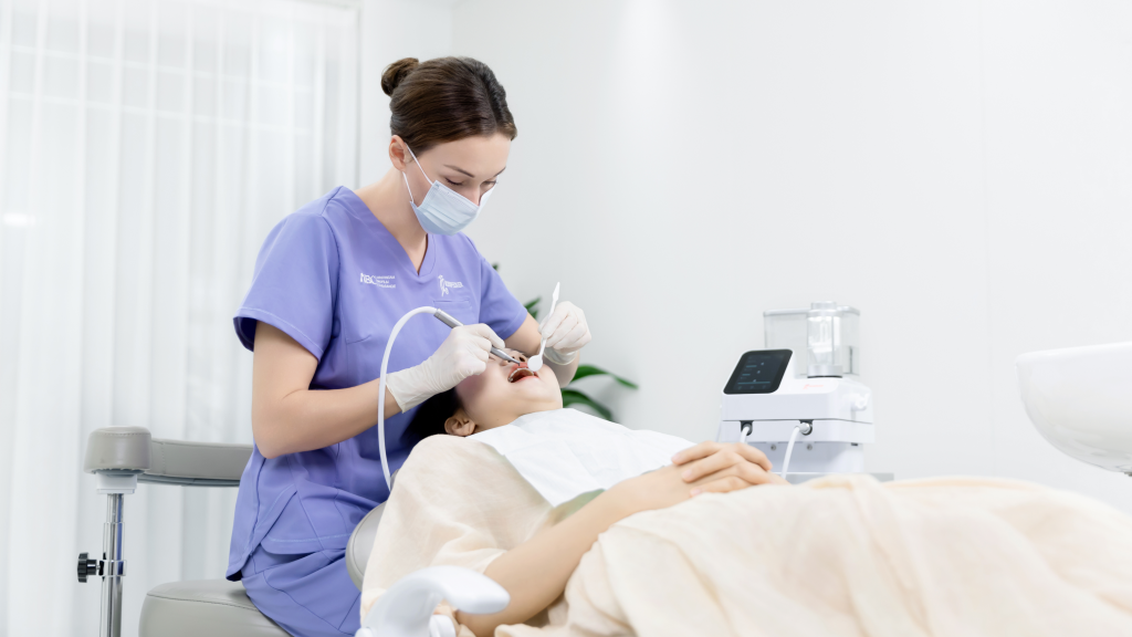 A woman sits in a dental chair while a dentist cleans her teeth with dental tools.